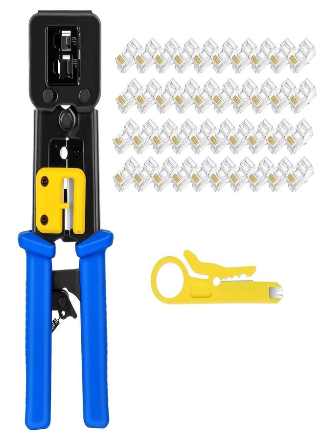 MESHIV مجموعة أدوات تجعيد الأسلاك RJ45 من Meshiv، تتضمن أداة تجعيد الأسلاك RJ45، و20 قطعة من موصلات RJ45 Cat6، وأداة تجريد وقطع الأسلاك (أداة تجعيد 3 في 1 - أزرق). - Image 1